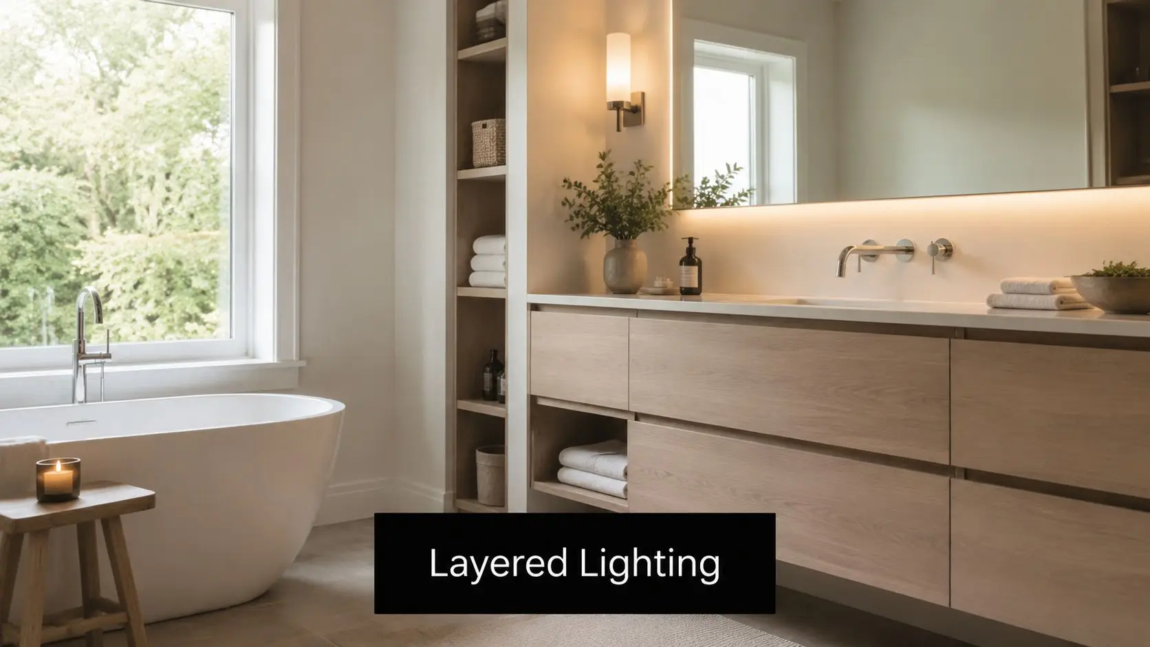 A minimalist Scandinavian bathroom featuring a freestanding tub, natural wood vanity, and warm layered lighting.