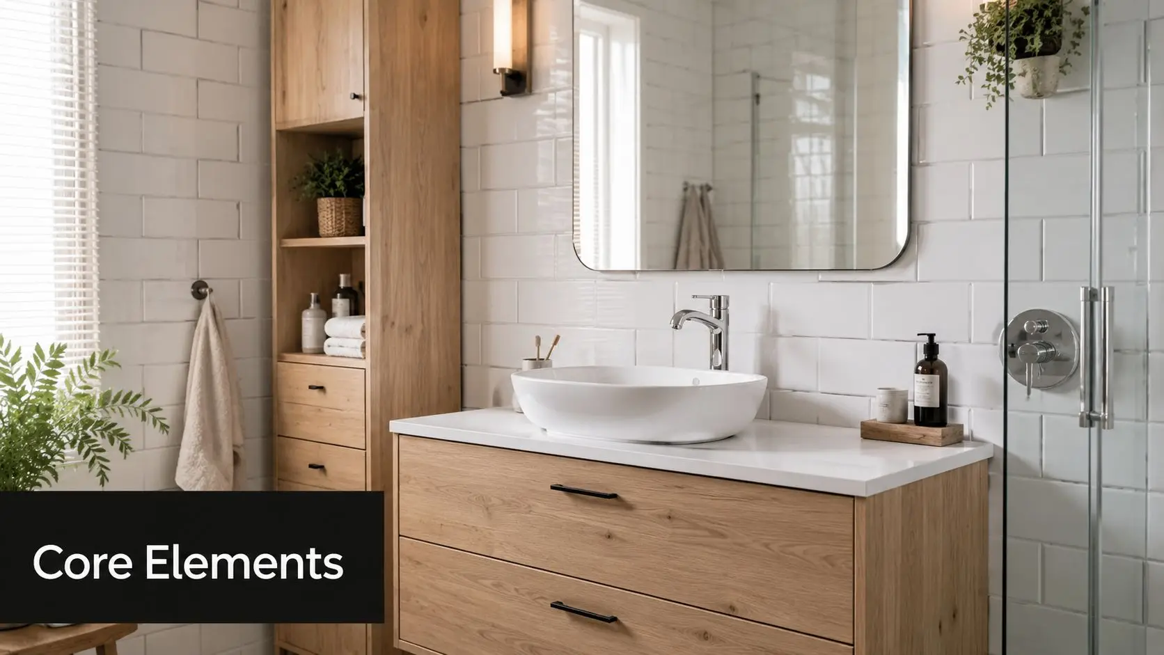A modern Scandinavian bathroom featuring a wooden vanity, vessel sink, white subway tiles, and natural decor elements.