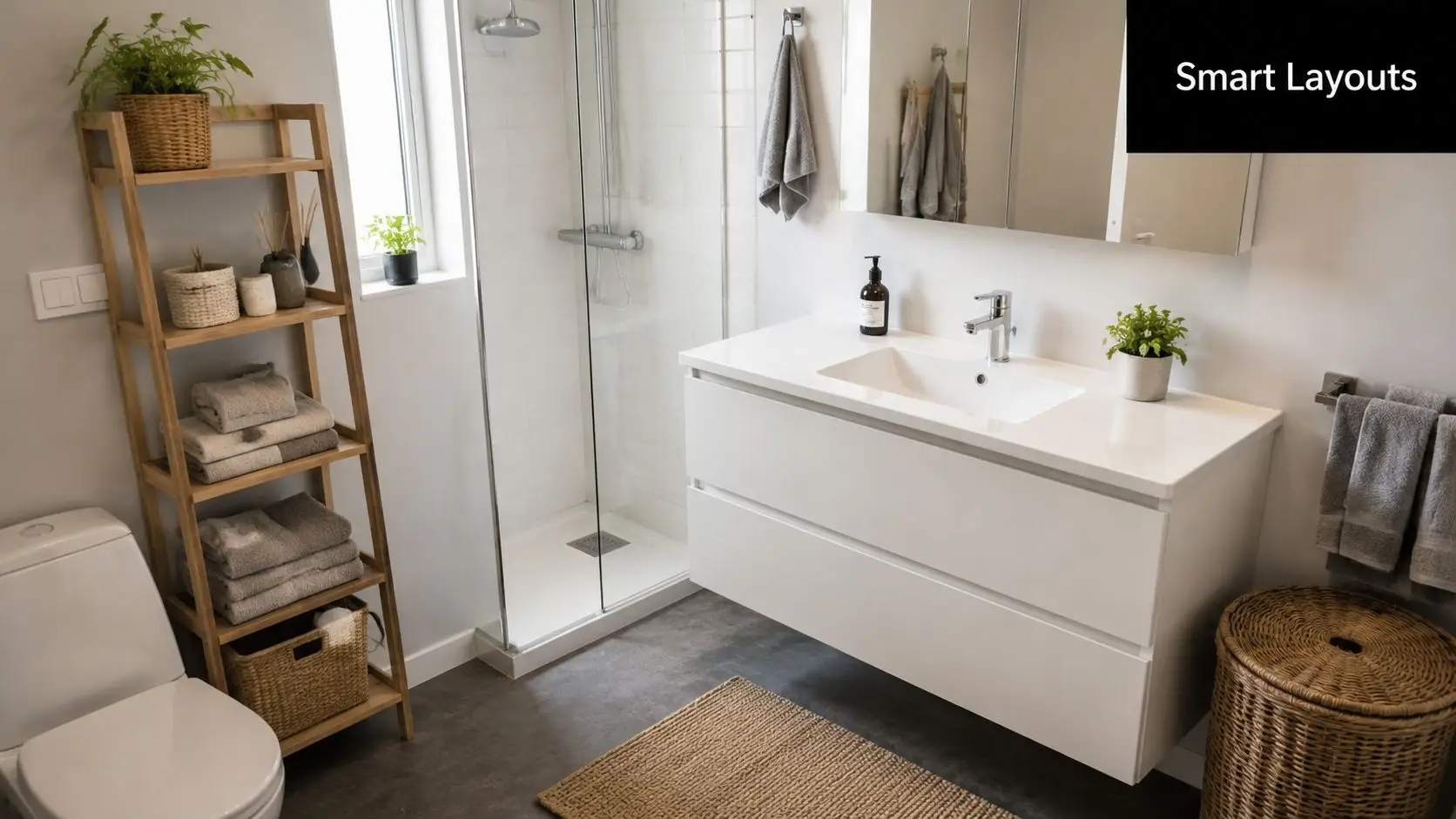 A modern Scandinavian bathroom featuring a white vanity, glass shower, wooden shelving unit, and natural woven accents.