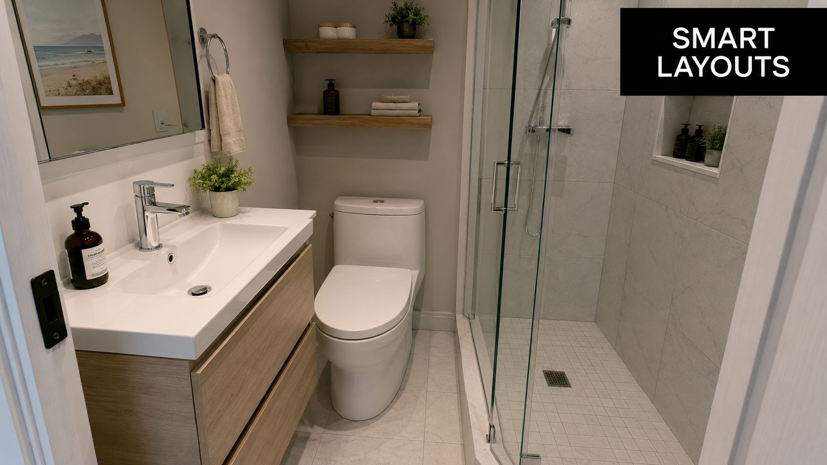A modern, compact bathroom featuring a sleek vanity, toilet, and glass-enclosed shower with neutral tile design.
