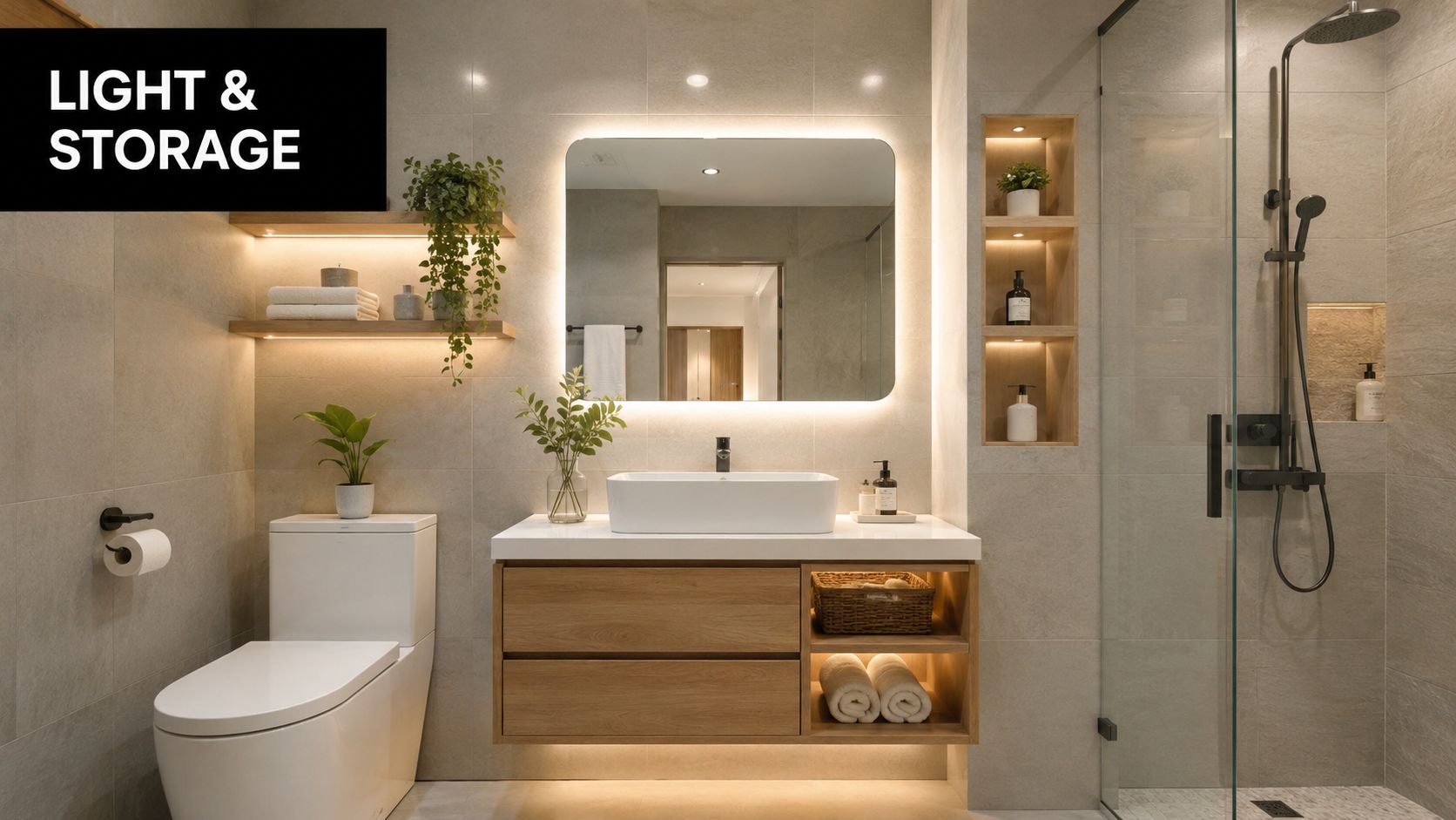 A modern, minimalist bathroom design featuring a floating wooden vanity, an illuminated mirror, and clever built-in storage solutions.