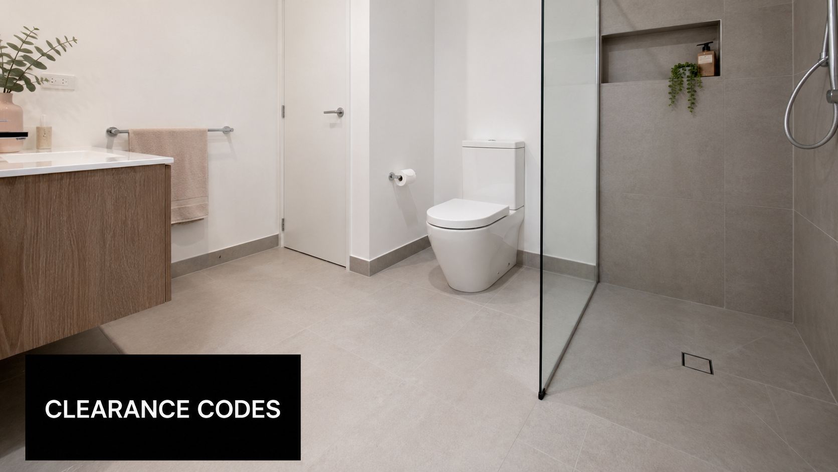 A modern bathroom featuring a floating vanity, a toilet, and a glass-enclosed shower in a neutral palette.