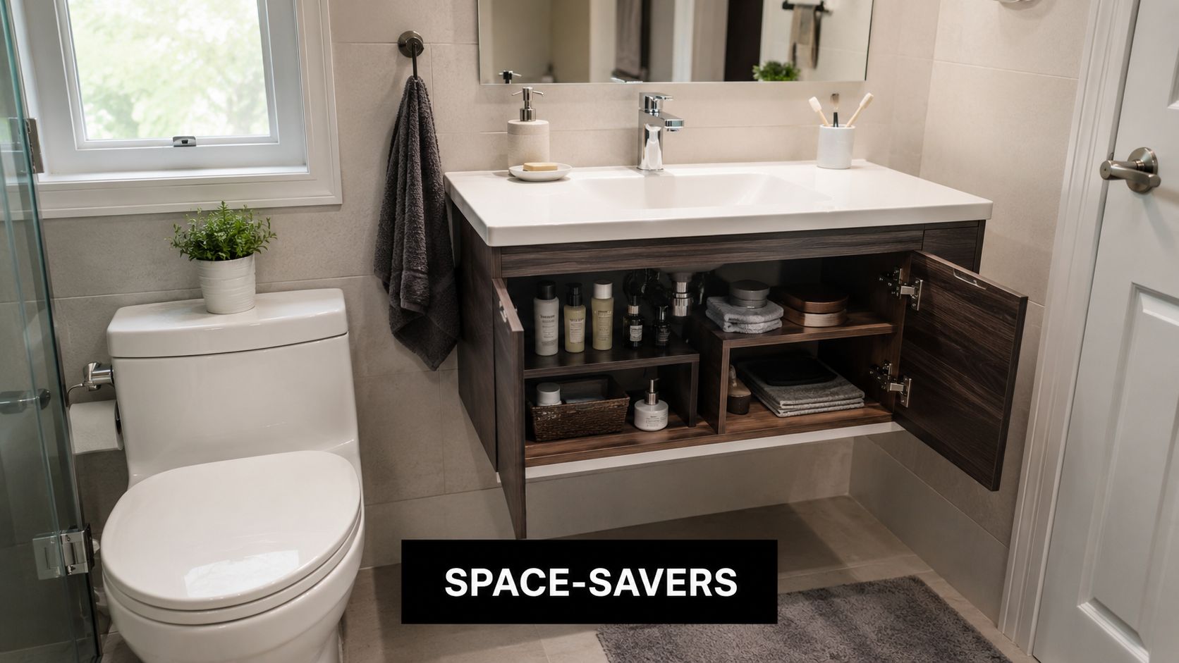 A modern bathroom vanity featuring clever shelving inside the open cabinets for efficient storage.