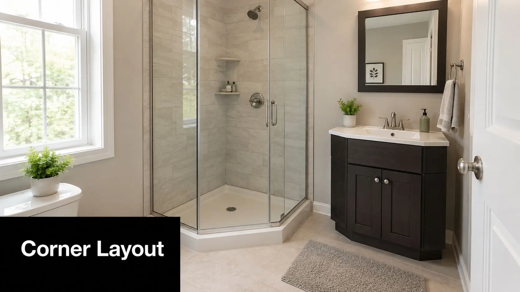 A bright, compact bathroom featuring a space-saving corner shower stall and a dark wood vanity sink cabinet.
