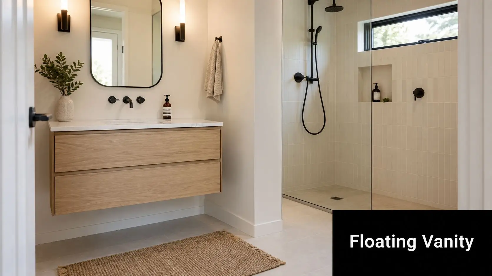 A modern bathroom features a light wood floating vanity with black fixtures and a minimalist walk-in shower.