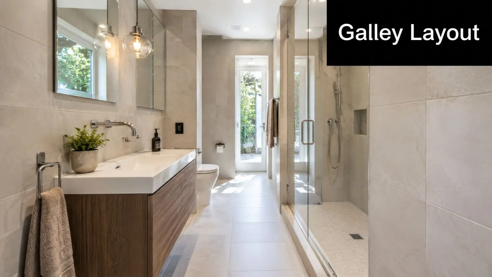 A modern, minimalist bathroom with a wood vanity, tiled walls, glass shower, and a galley-style floor plan.