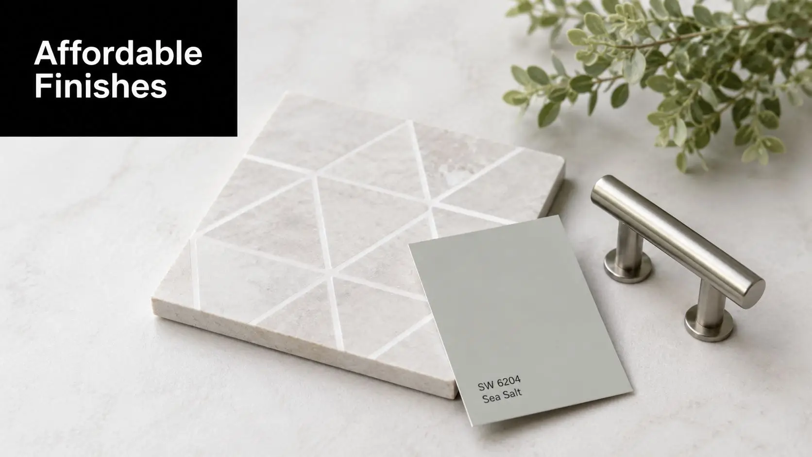 A flat lay of stone tile samples, a Sea Salt paint swatch, and brushed nickel cabinet hardware.