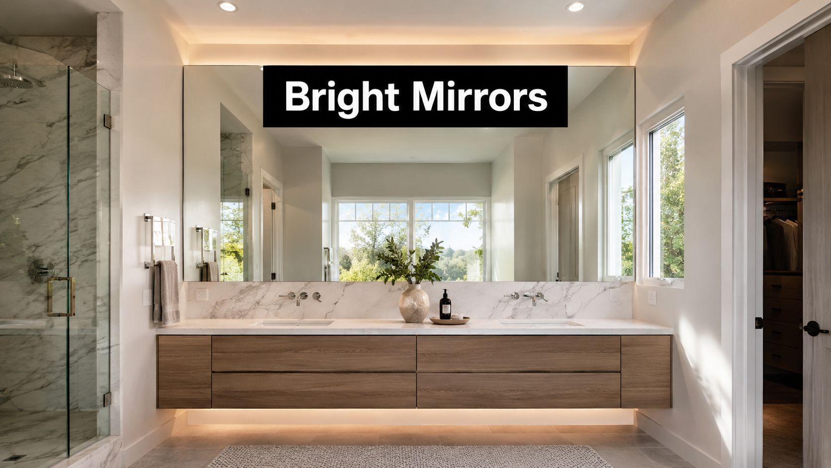 A modern bathroom vanity with dual sinks, marble countertops, and a large illuminated mirror with wood cabinets.