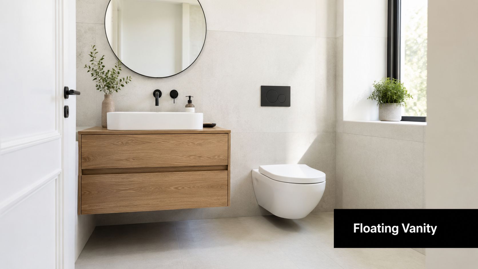 A modern minimalist bathroom featuring a wooden floating vanity, wall-hung toilet, and round mirror with neutral tiles.