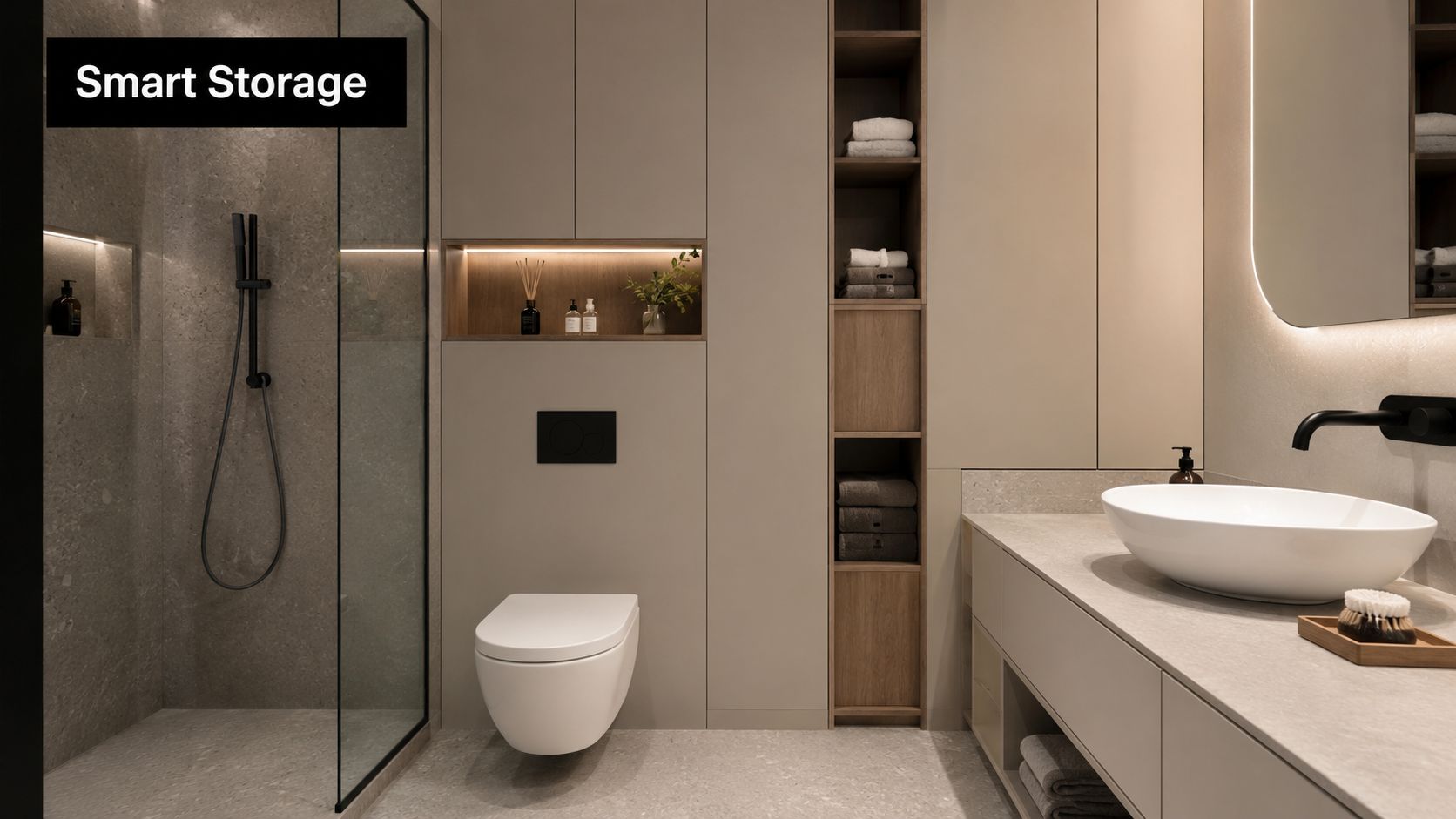 A modern, minimalist beige bathroom featuring a floating toilet, open shelving, and a glass shower stall.