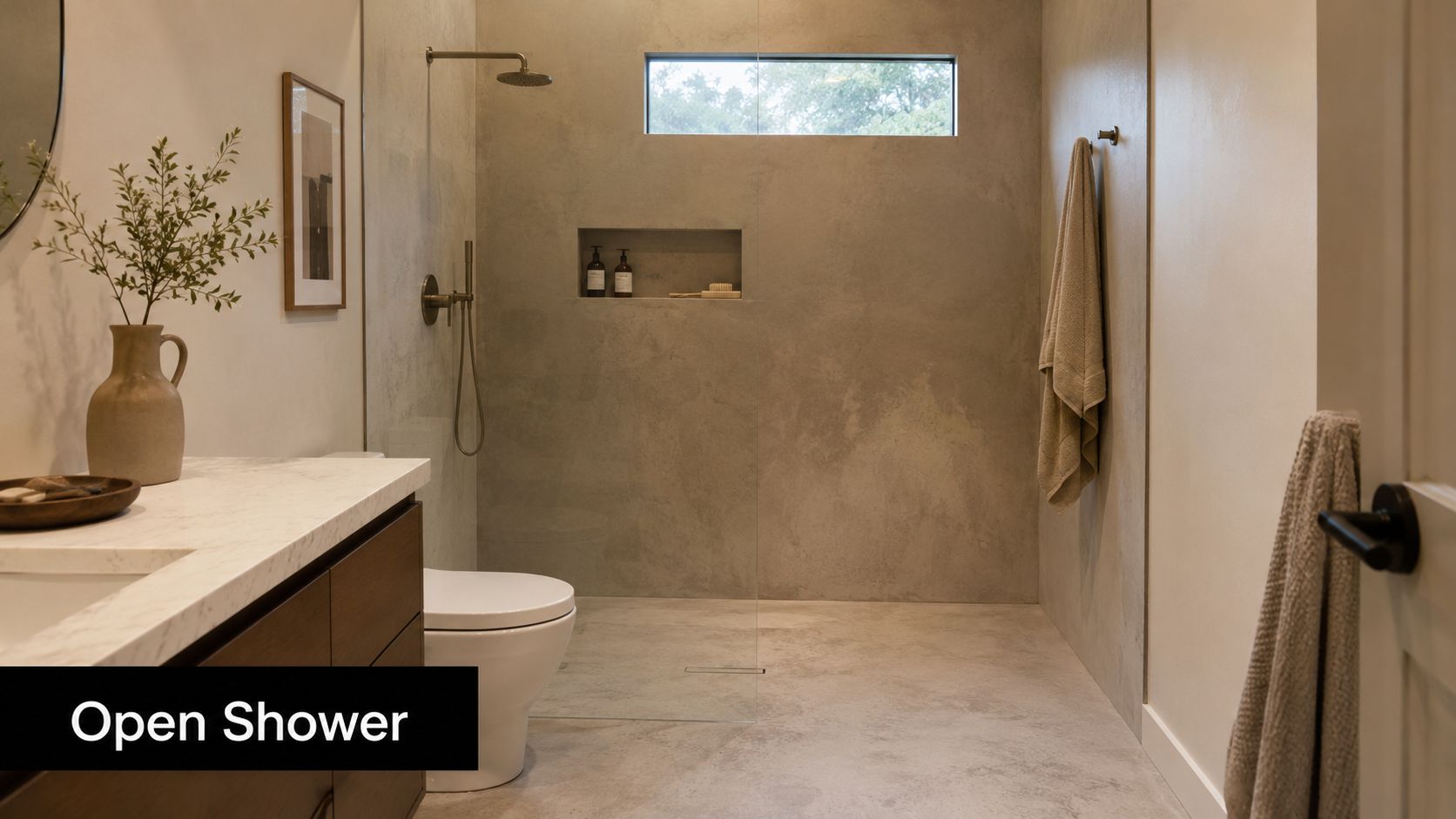 A modern bathroom featuring a walk-in open shower with concrete-look tiles and minimal style fixtures.
