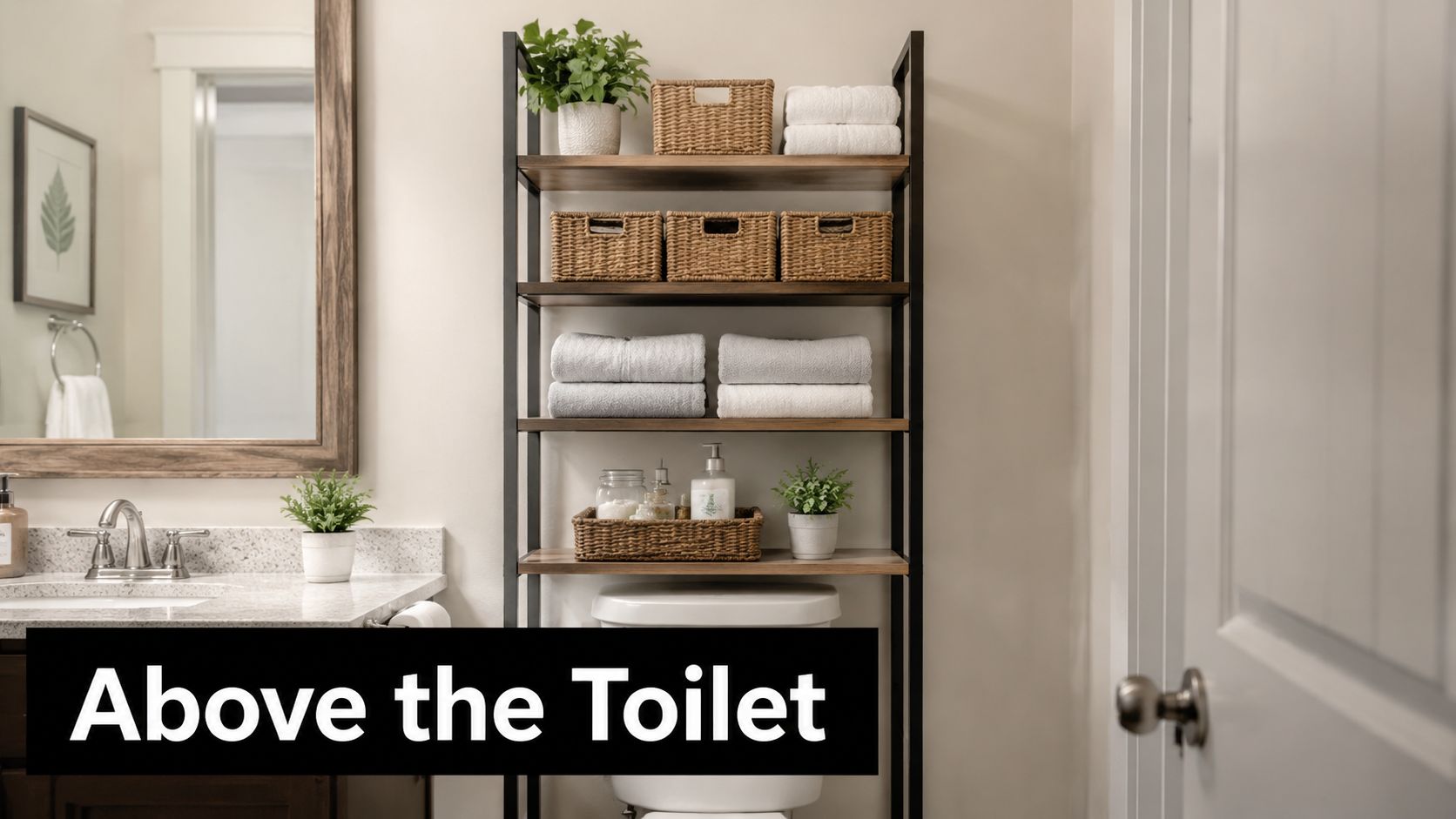A modern bathroom storage shelving unit placed over the toilet with organized baskets and folded white towels.
