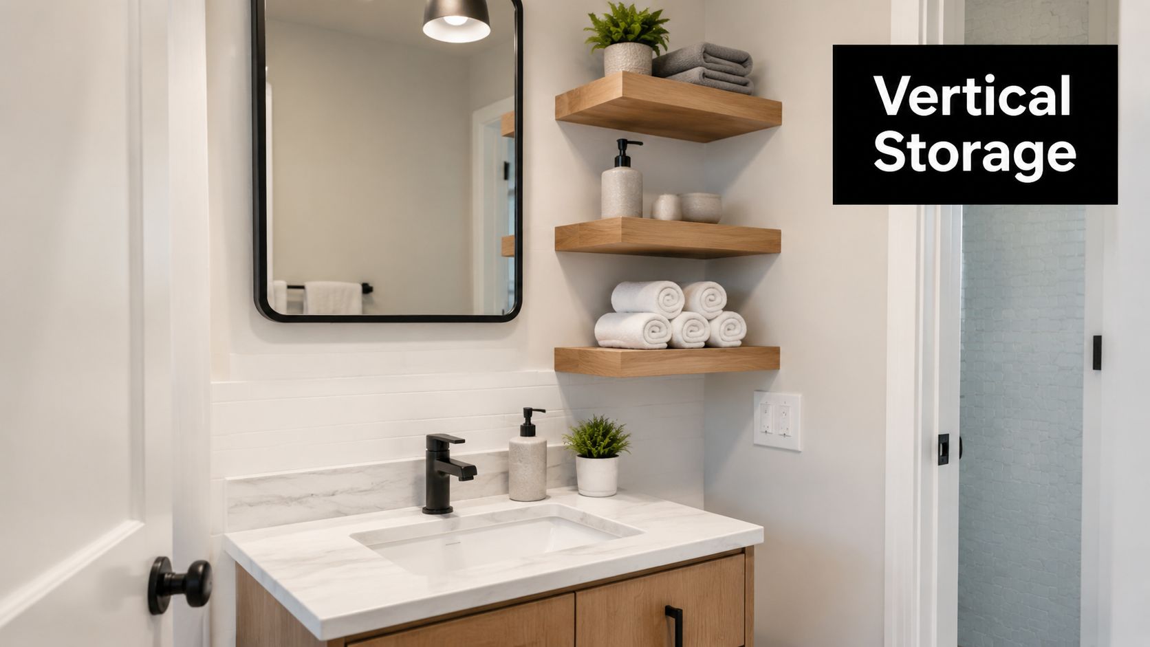 A modern bathroom vanity featuring floating wooden shelves for vertical storage and a stylish marble countertop.
