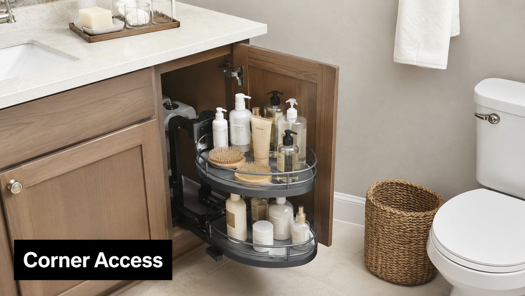 A pull-out cabinet organizer in a bathroom vanity featuring shelves with various skincare products and accessories.