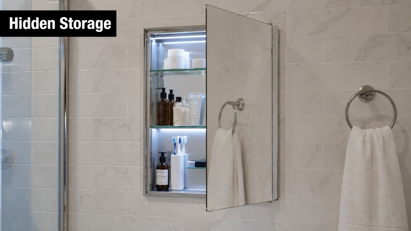 A recessed medicine cabinet with integrated LED lighting and a mirror door displaying bathroom toiletries.