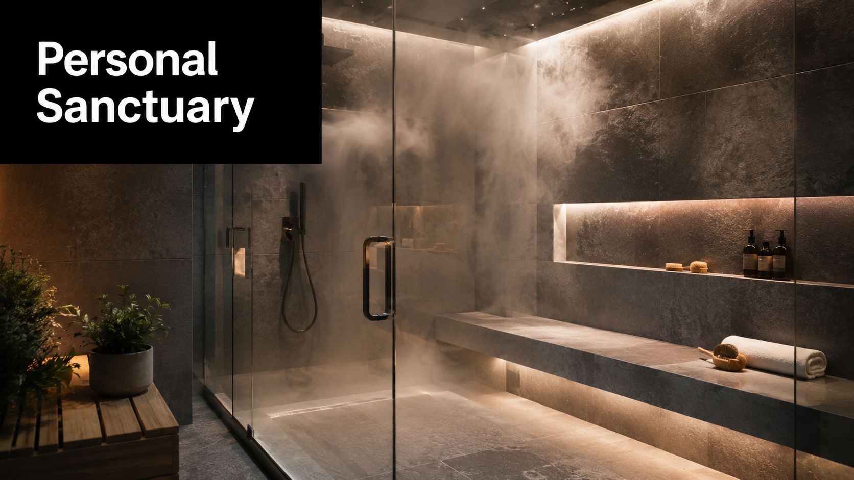 A modern luxury steam shower room with dark slate tiles, ambient under-bench lighting, and a glass door.