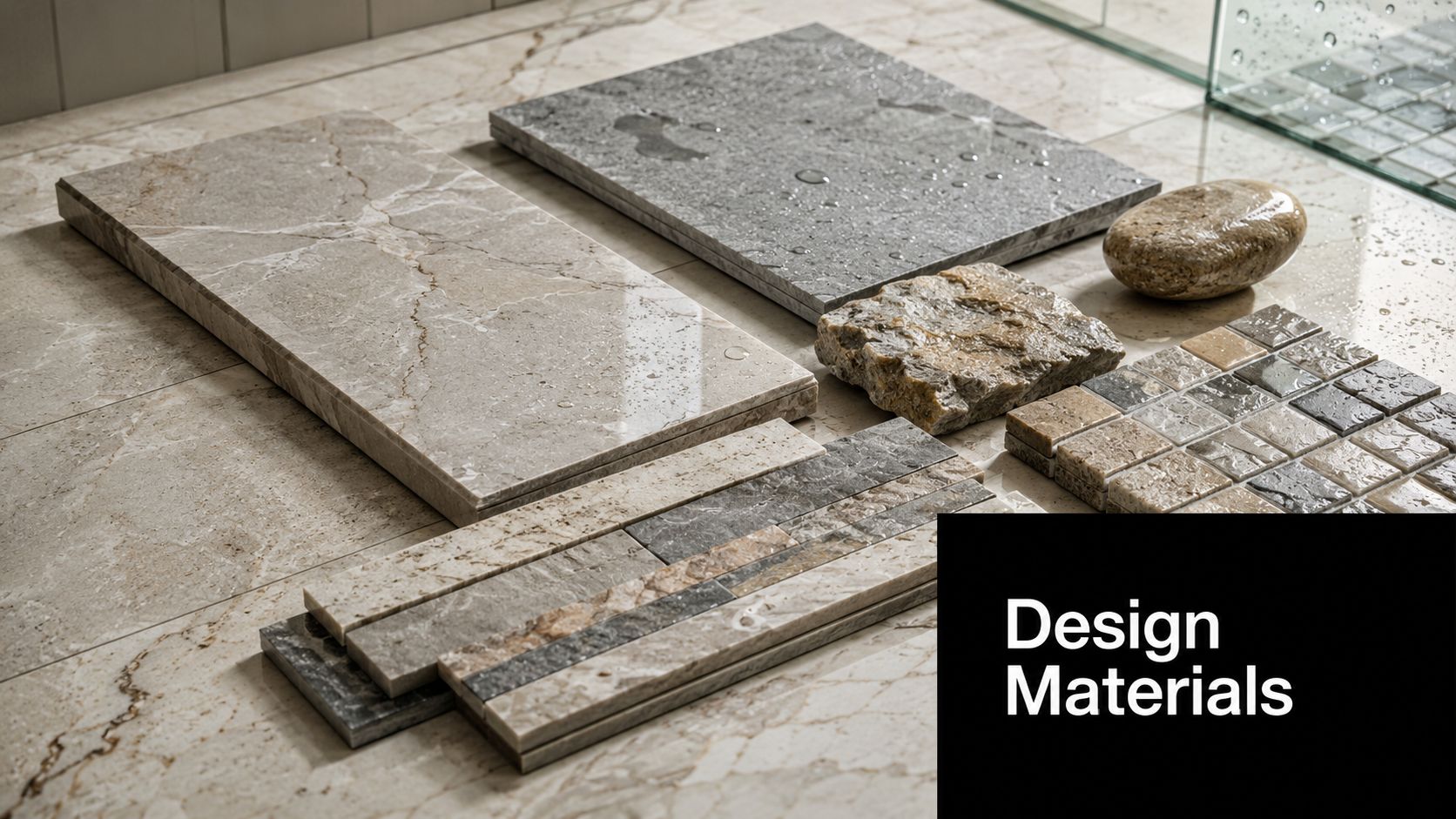 Various stone and tile material samples arranged on a luxury surface for a steam shower room design.