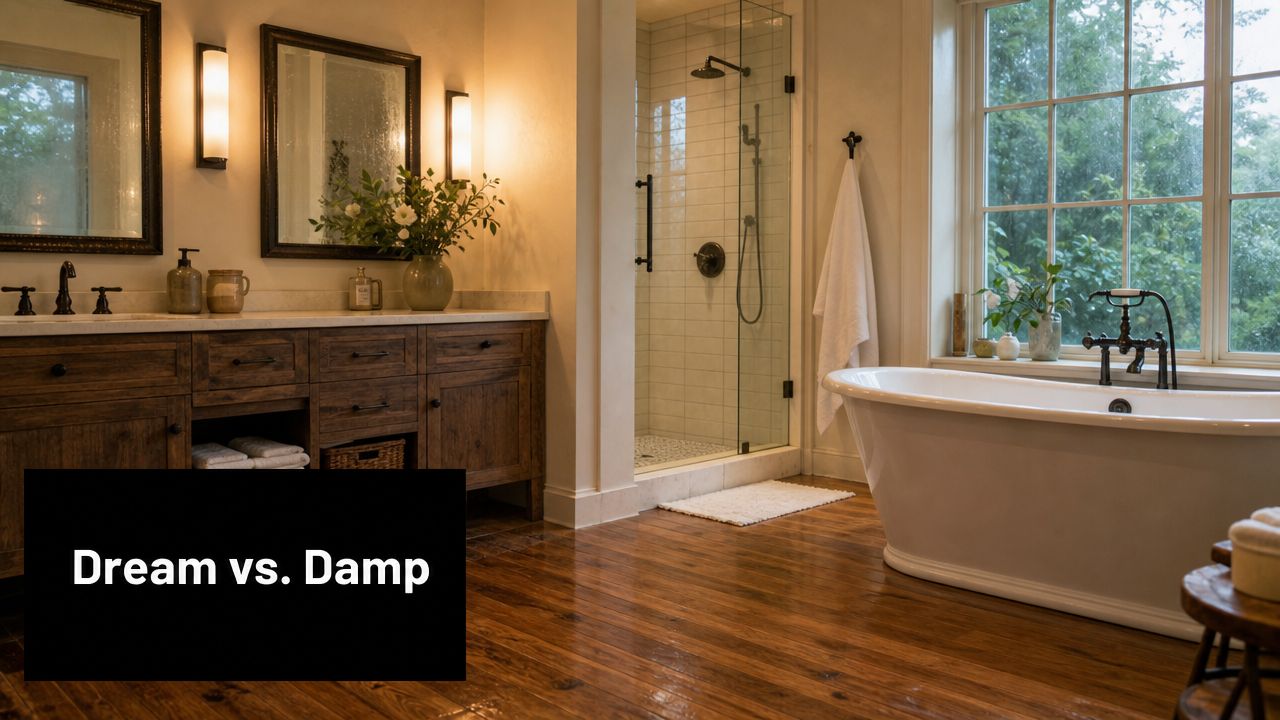 A luxurious bathroom featuring rich timber floors, a vintage white freestanding bathtub, and a glass shower stall.