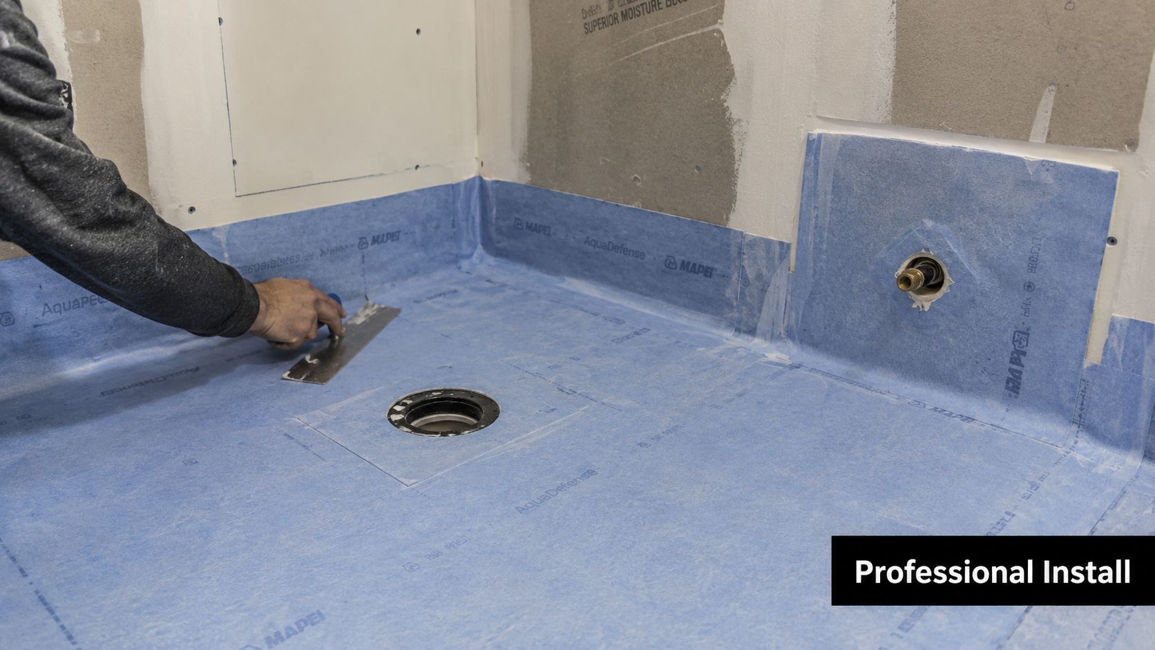 A professional construction worker applying waterproofing membrane to a shower base before installing tiles.