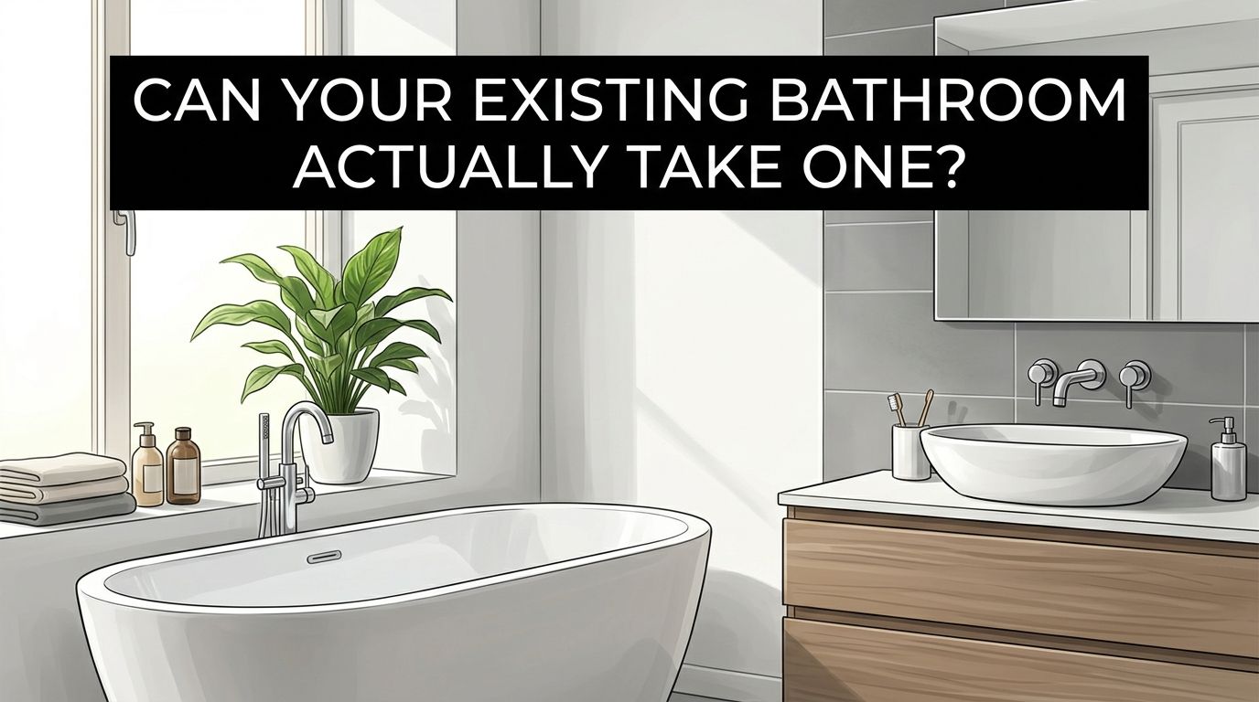 A modern, bright bathroom interior featuring a soaking tub, a vessel sink, and a wooden vanity cabinet.