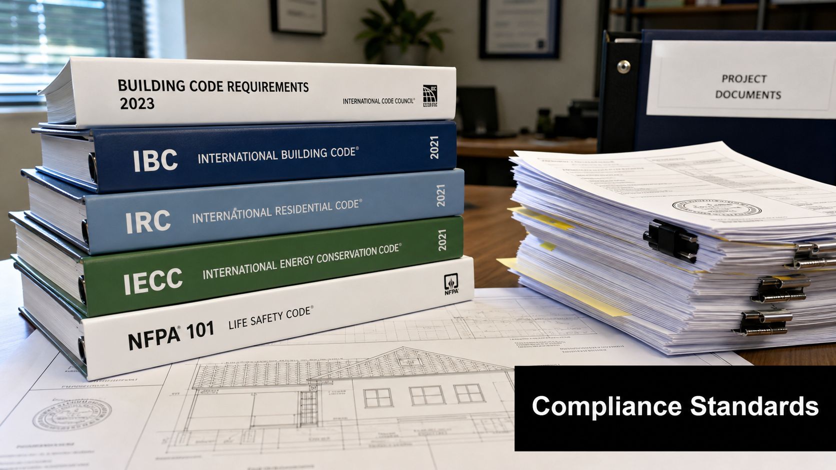 A stack of various building code regulation manuals and professional documents sitting on an architectural blueprint drawing.