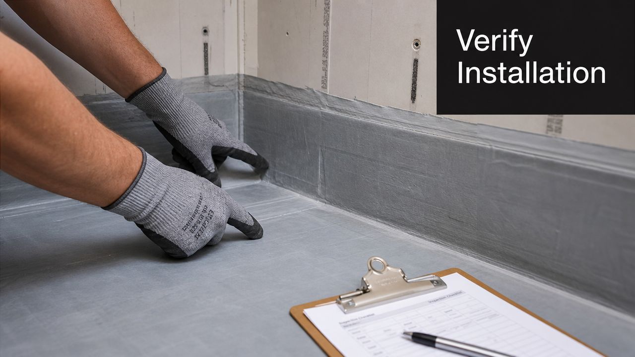 A construction worker inspecting a waterproofed corner installation with a clipboard for compliance checks.