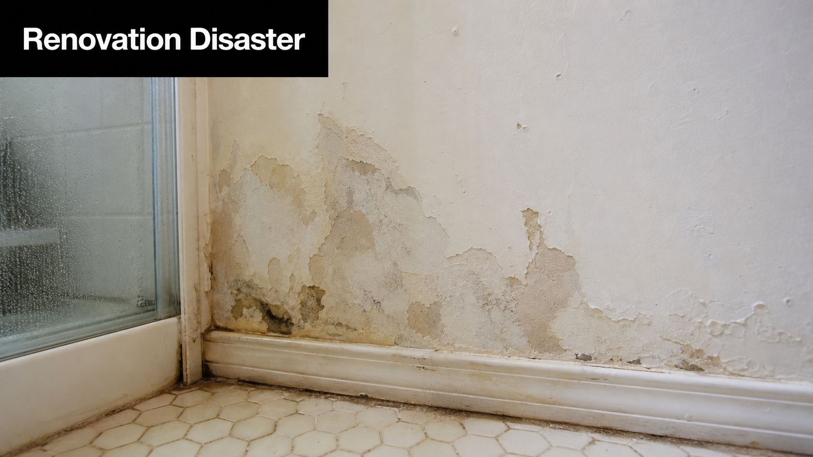 A damaged bathroom wall with severe paint peeling and water stains near a glass shower enclosure.