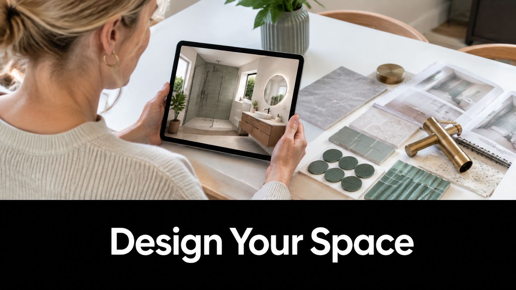 A designer views a modern bathroom renovation concept on a tablet surrounded by material samples and fixtures.