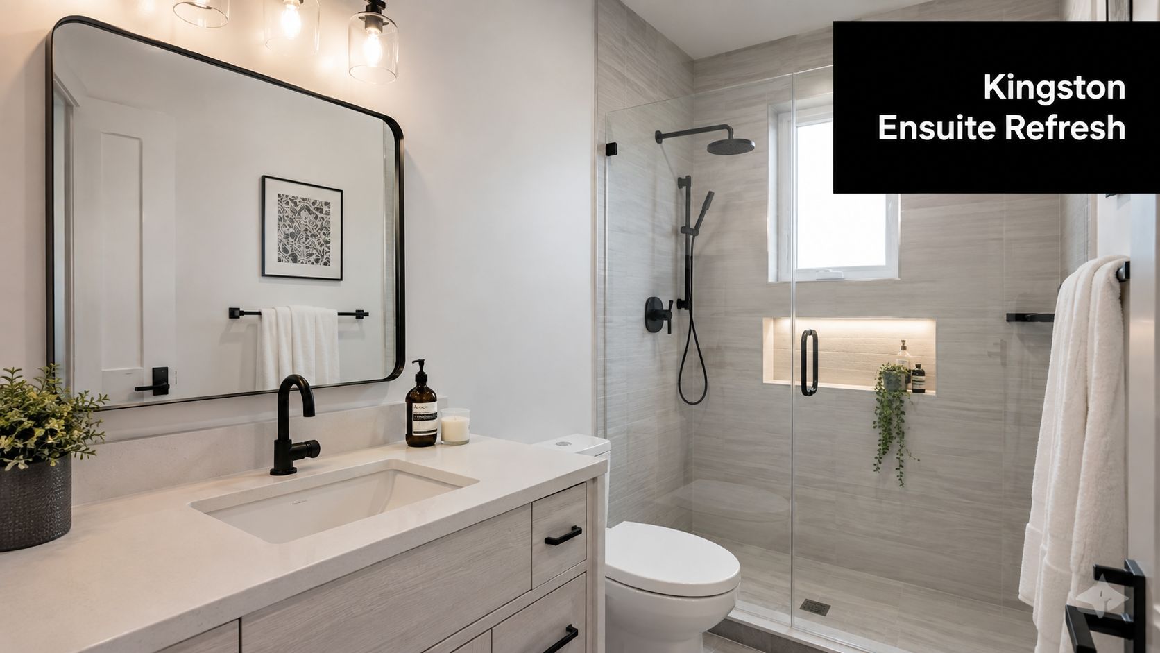 A bright, modern ensuite bathroom featuring a light wood vanity, matte black fixtures, and a glass-enclosed shower.