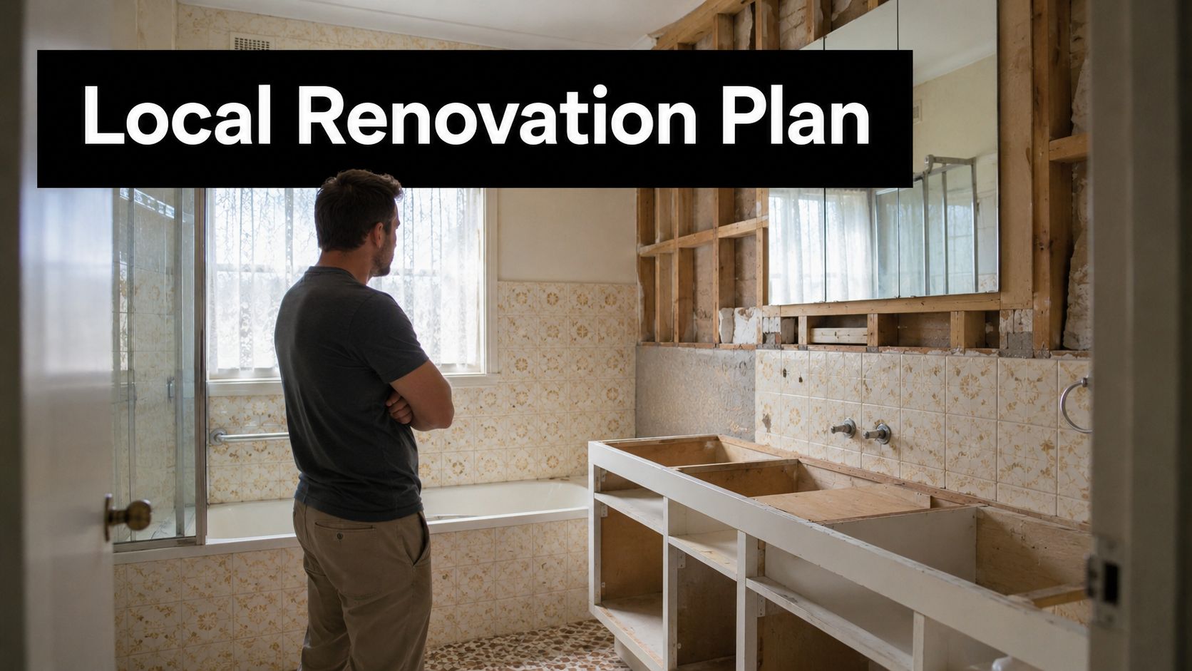 A man stands in an unfinished, dated bathroom contemplating a renovation project during his home improvement planning.