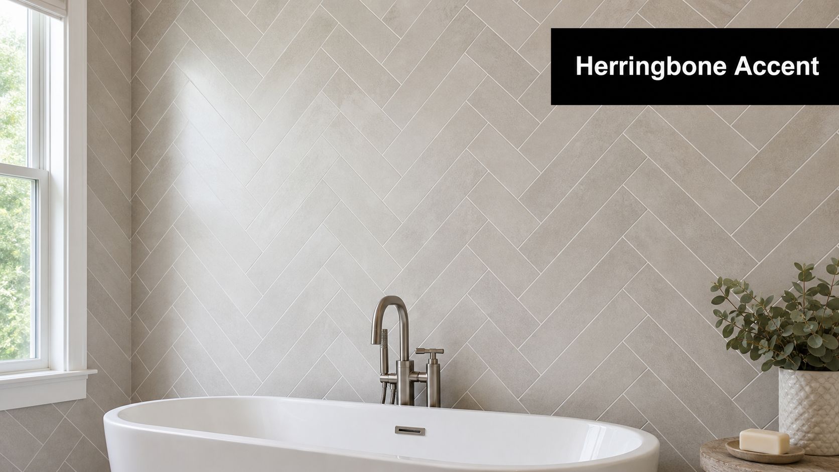 A modern bathroom wall featuring a stylish light grey tile in a herringbone pattern behind a white bathtub.