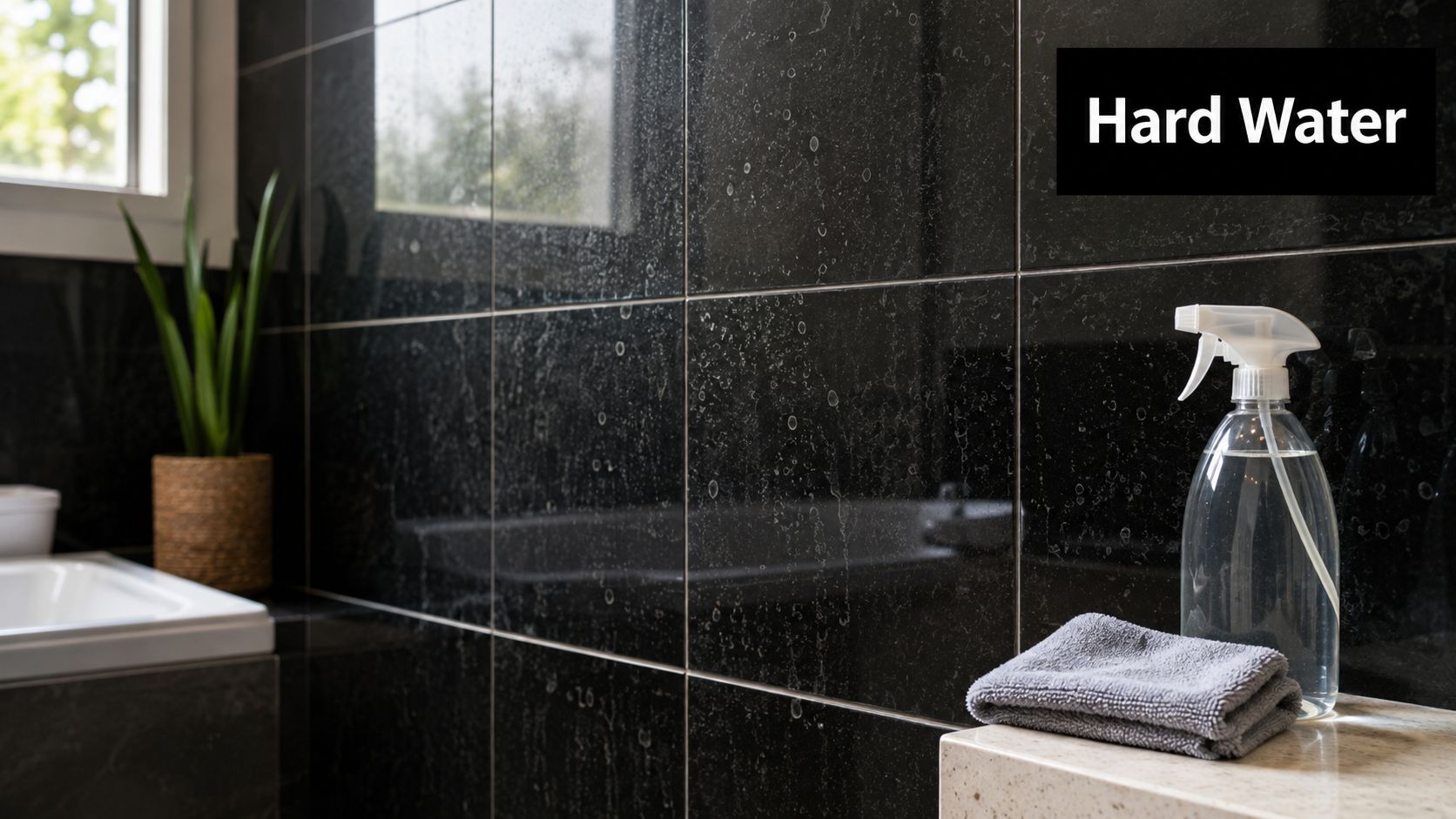 A spray bottle and folded grey cloth sit on a counter in front of black bathroom tiles.