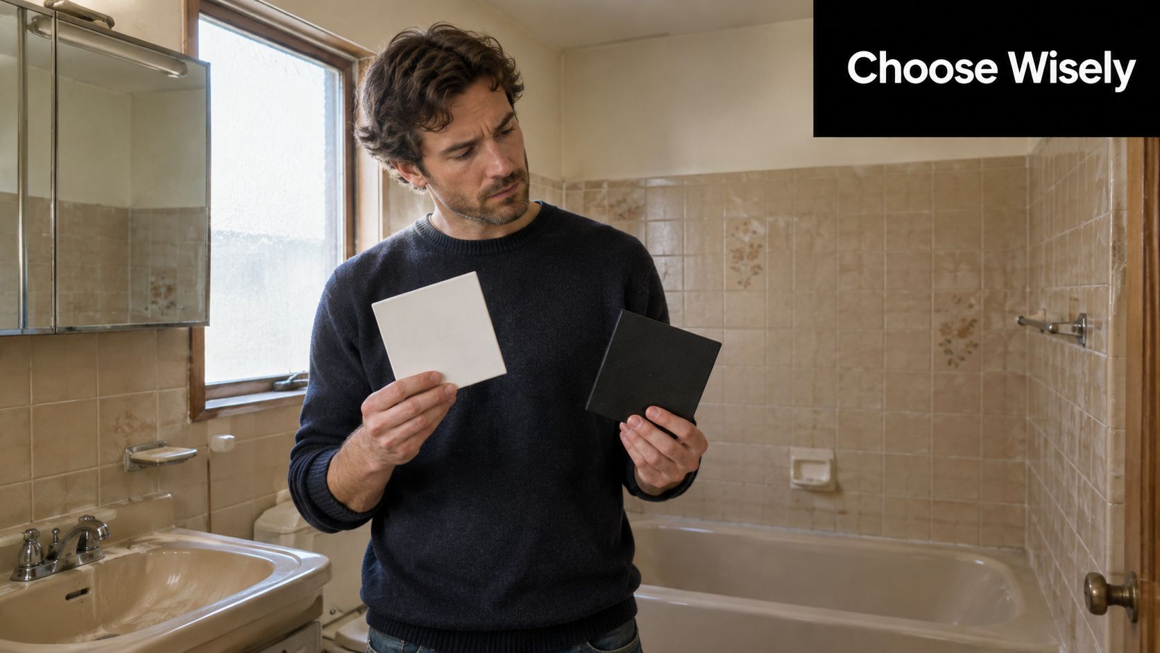A man in a sweater comparing a white tile to a black tile inside a bathroom.