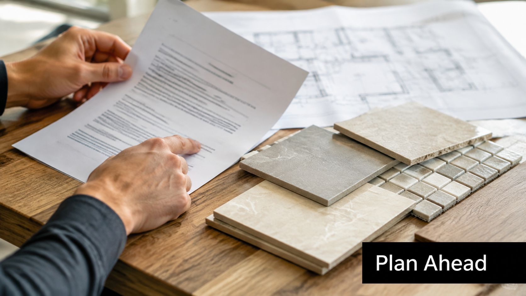 A person reviews architectural floor plans and stone tile samples on a wooden office desk table.