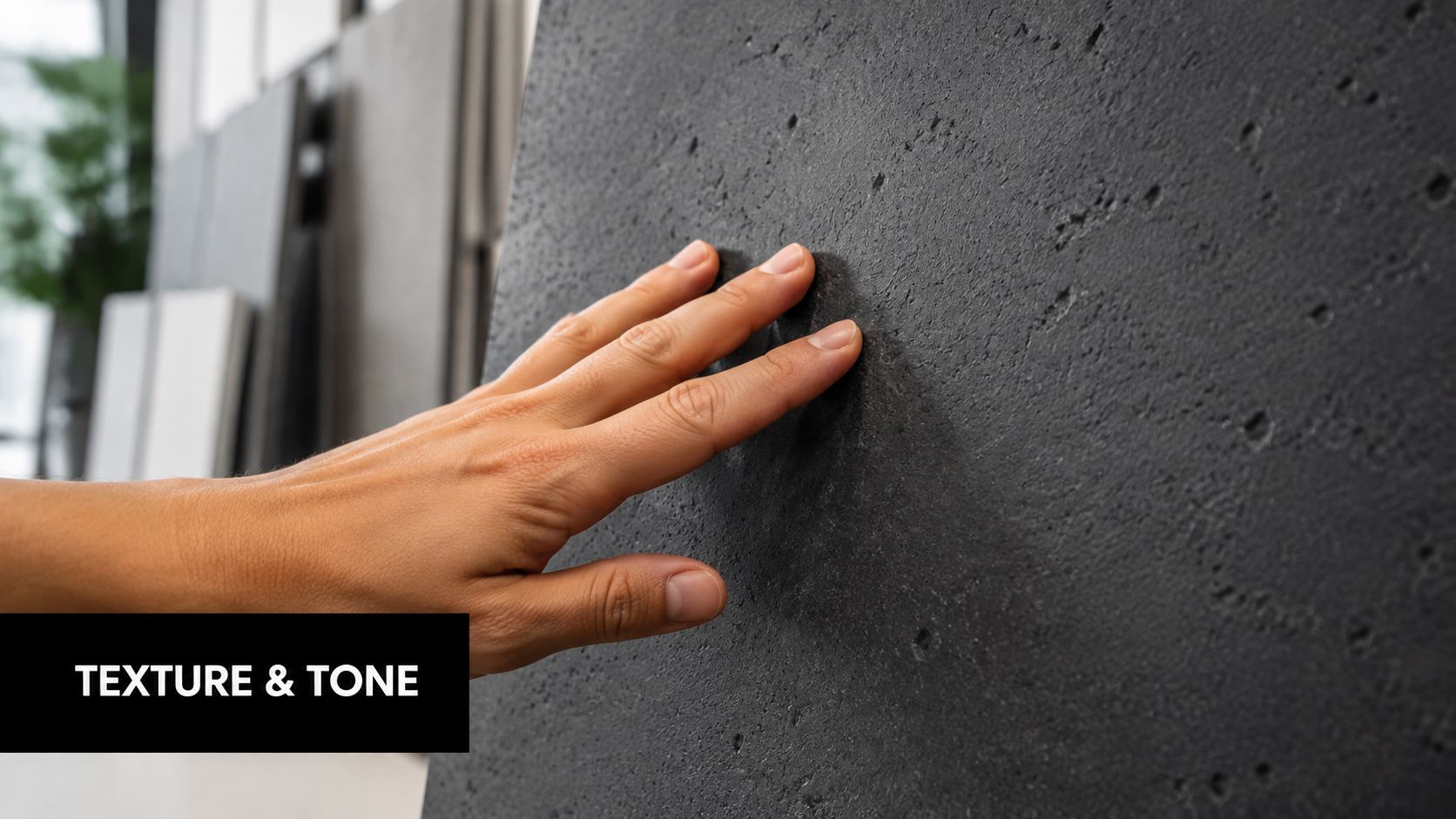 A human hand touches a dark, textured black bathroom tile sample displayed in a showroom.