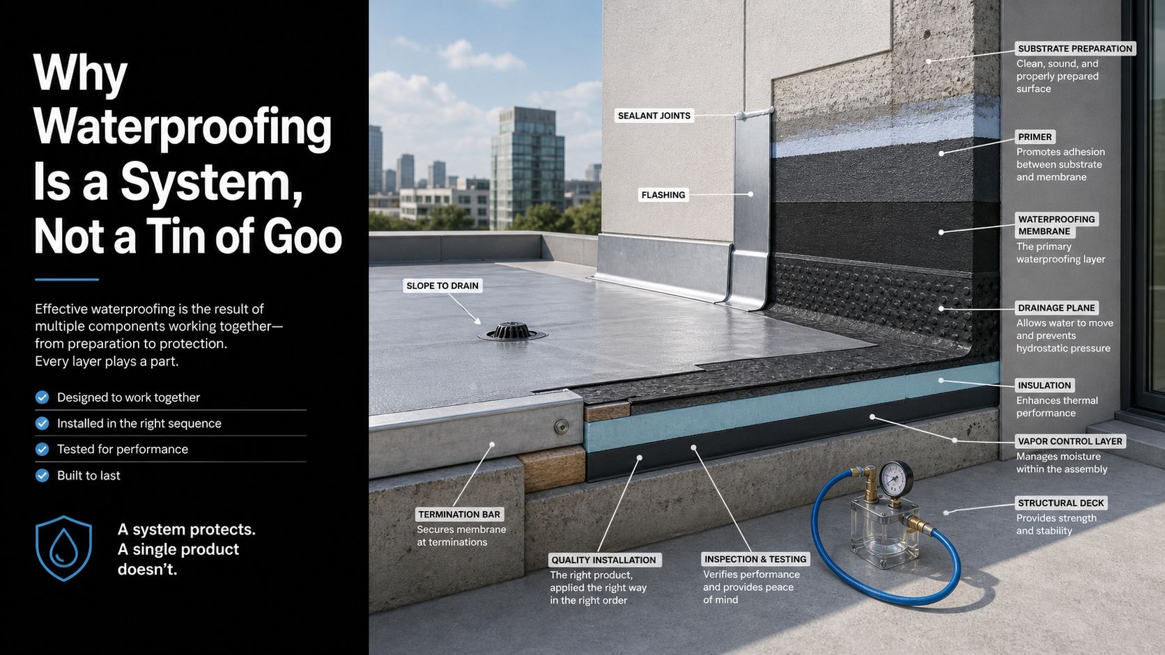 A detailed 3D cutaway diagram demonstrating the multiple layers of a professional roofing and deck waterproofing system.