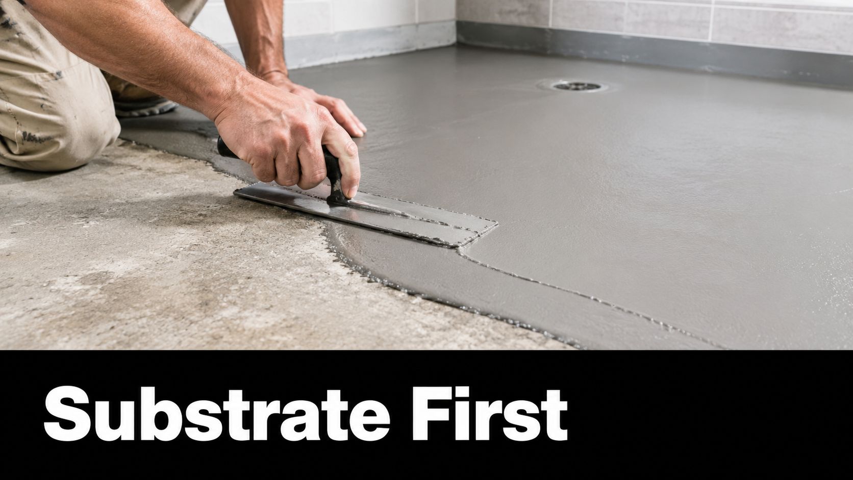 A professional construction worker uses a metal trowel to smooth wet waterproof mortar on a floor.