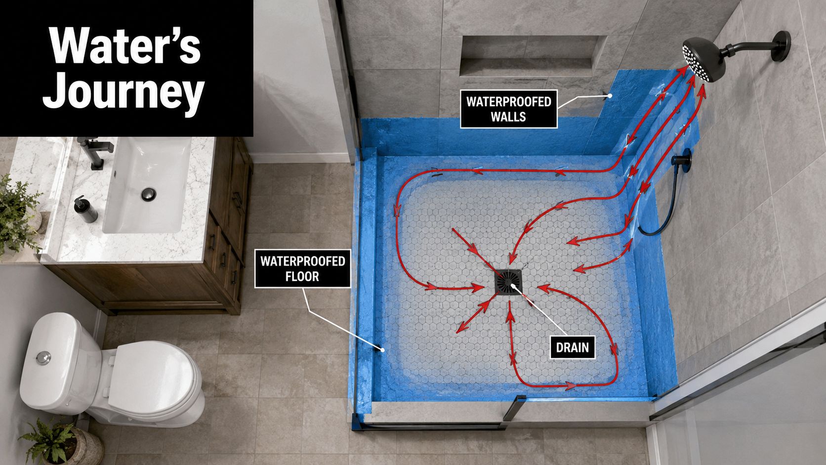 A top-down view of a bathroom shower showing waterproof blue paint applied to walls and floor.