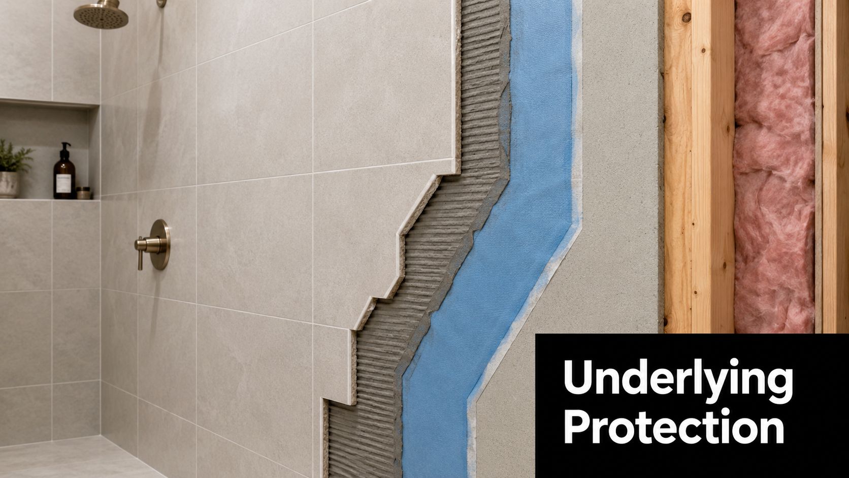 A cross-section showing bathroom wall layers including insulation, cement board, waterproof membrane, thin-set mortar, and tiles.