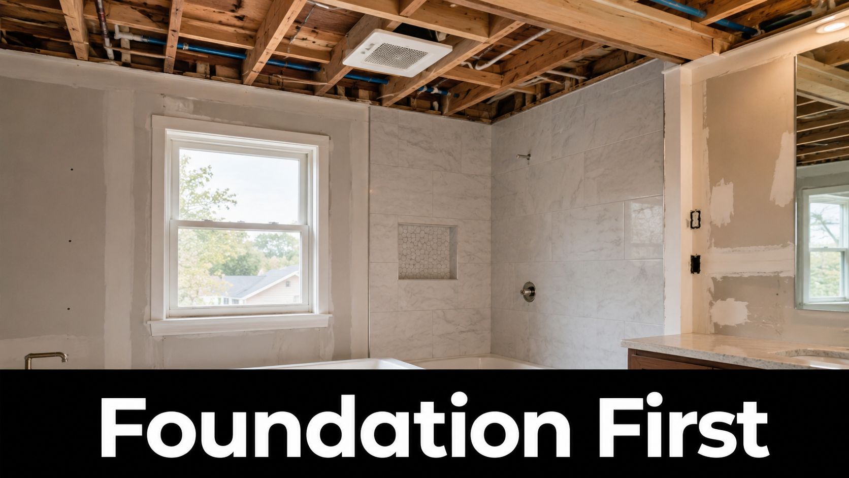A bathroom renovation in progress showing exposed ceiling beams, unfinished drywall, and a new tiled shower area.