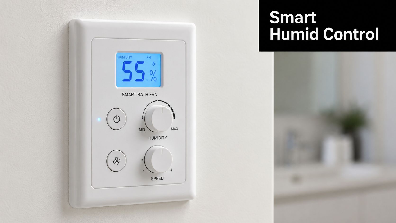 A modern white wall-mounted smart bathroom ventilation fan controller with a digital humidity display and knobs.