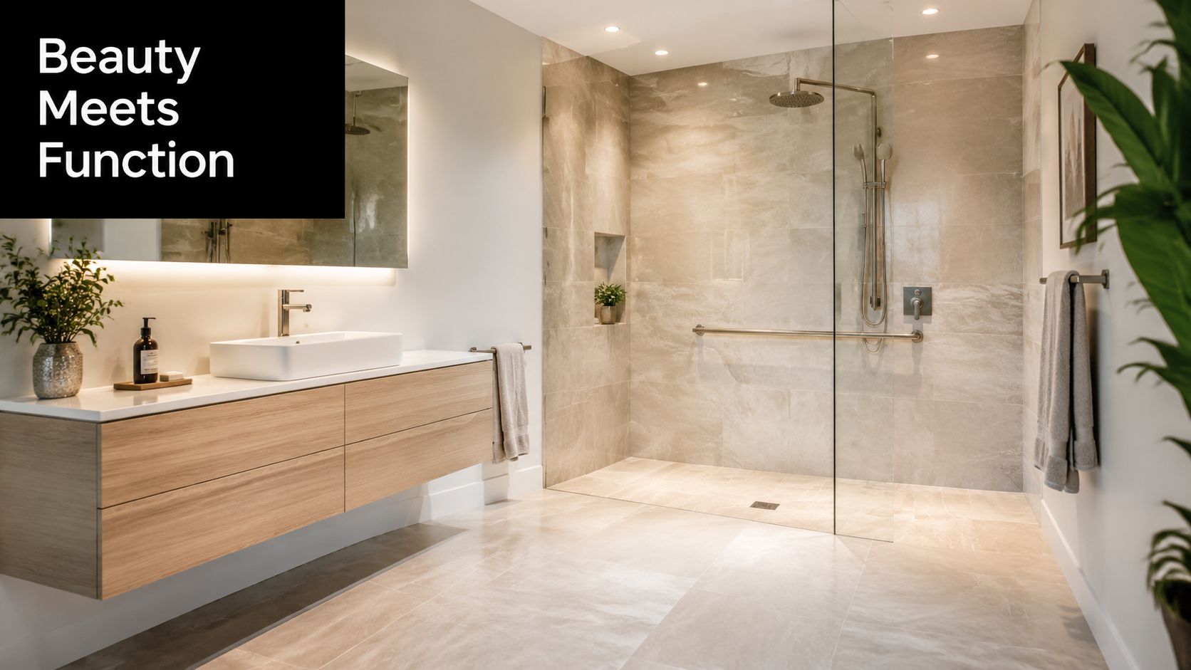 A modern bathroom with light wood vanity, stone wall shower enclosure, and glass partition for a spa-like feel.