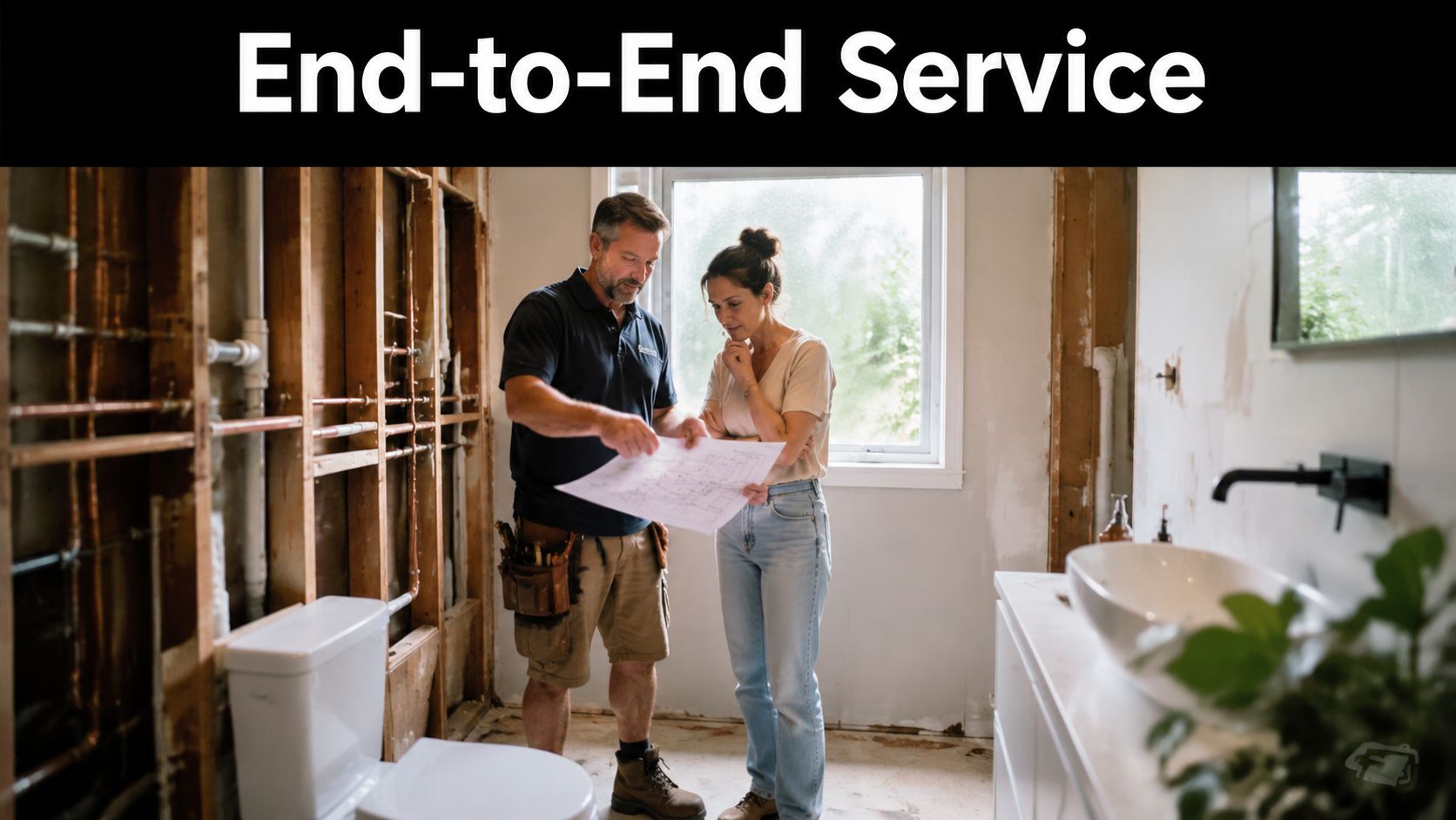 A professional contractor reviewing renovation plans with a female homeowner inside a bathroom under construction.