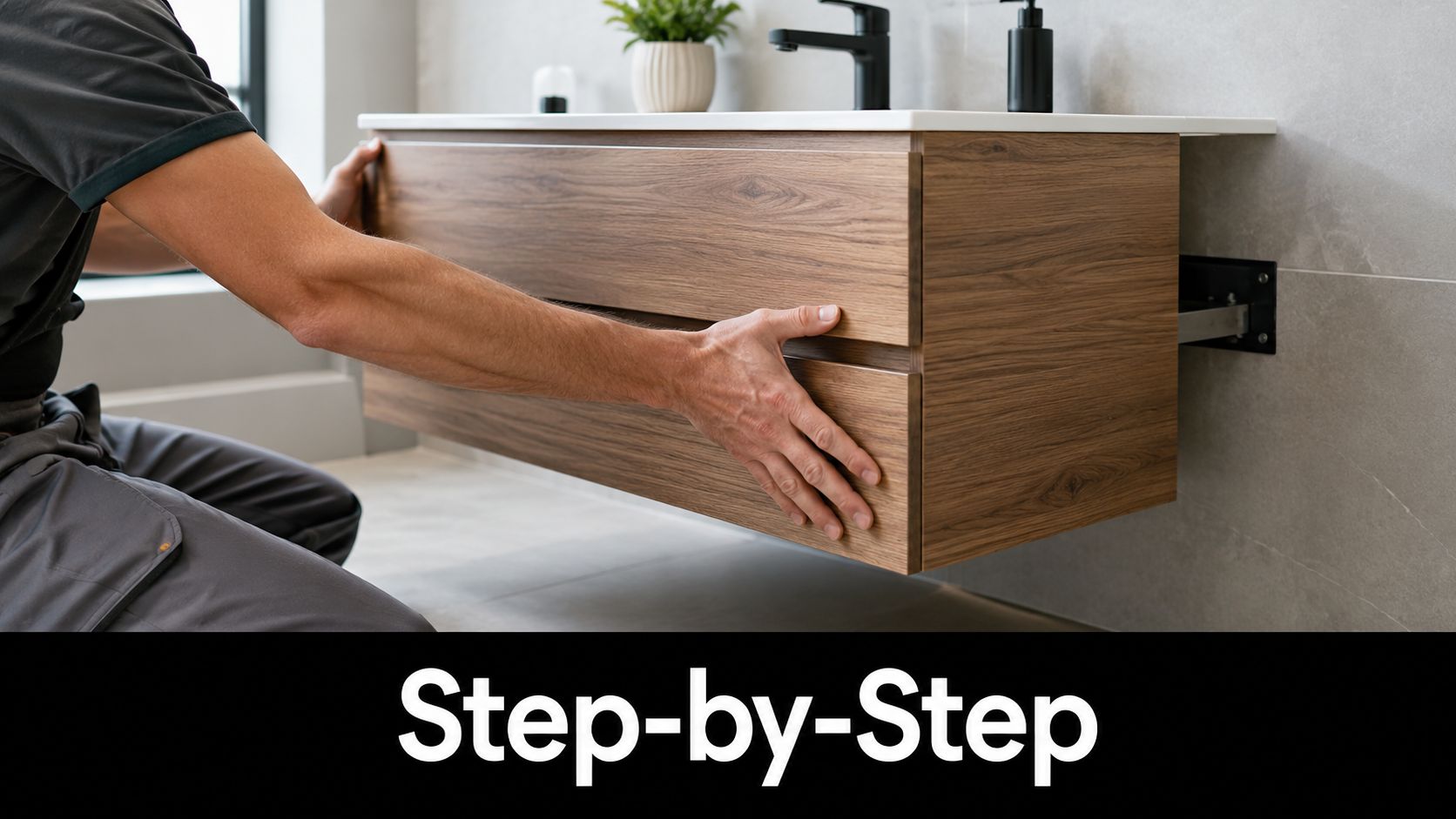 A professional tradesperson installing a modern wooden floating vanity cabinet against a tiled bathroom wall.