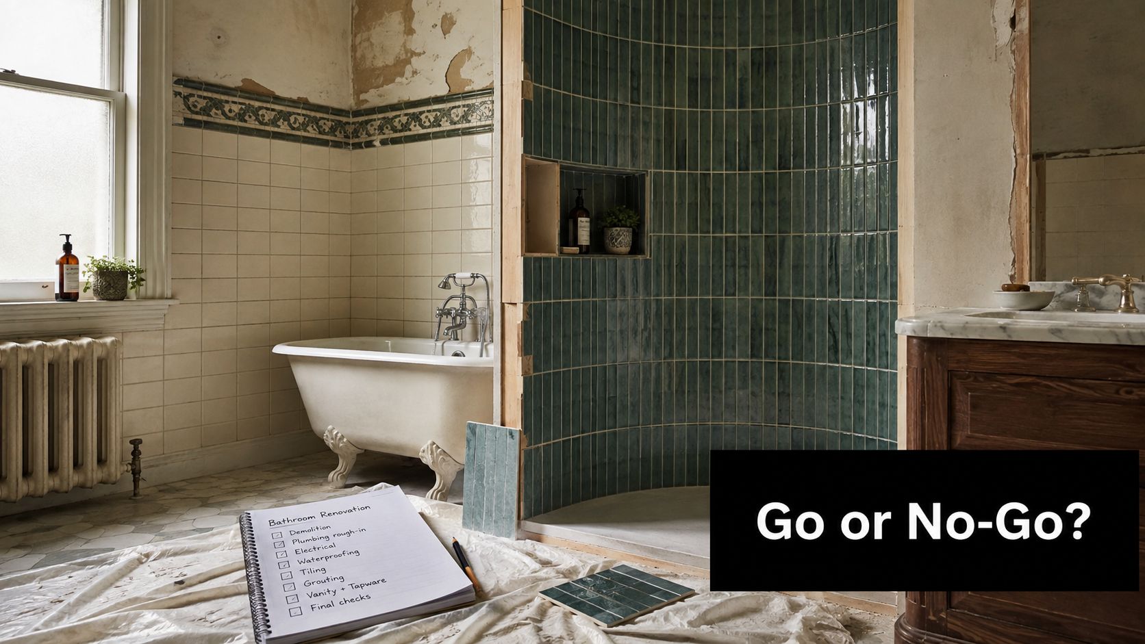 A bathroom undergoing renovation featuring a clawfoot tub, a new curved wall with green tiles, and a checklist.