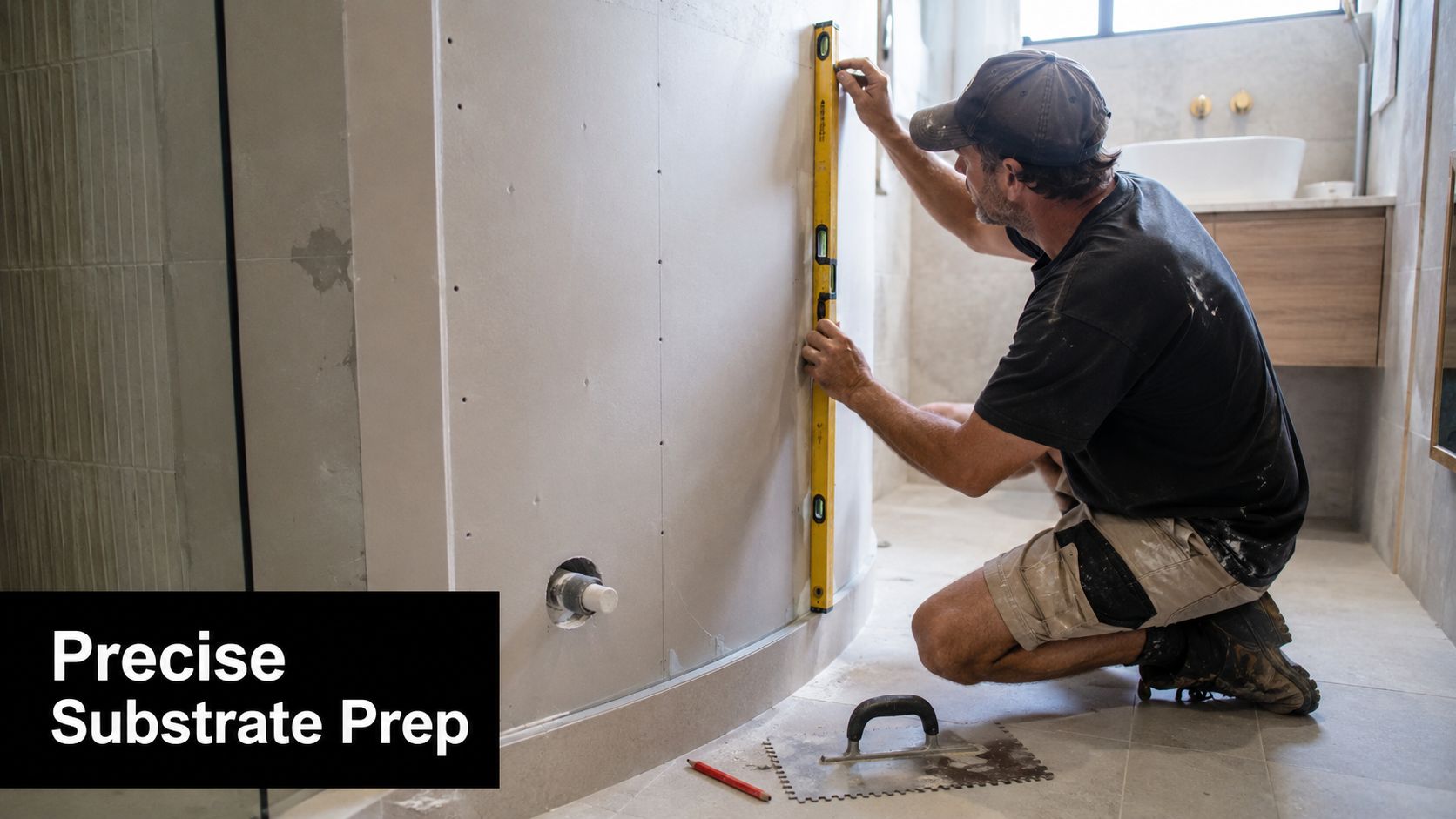 A professional construction worker uses a long spirit level to check the alignment of a curved wall.