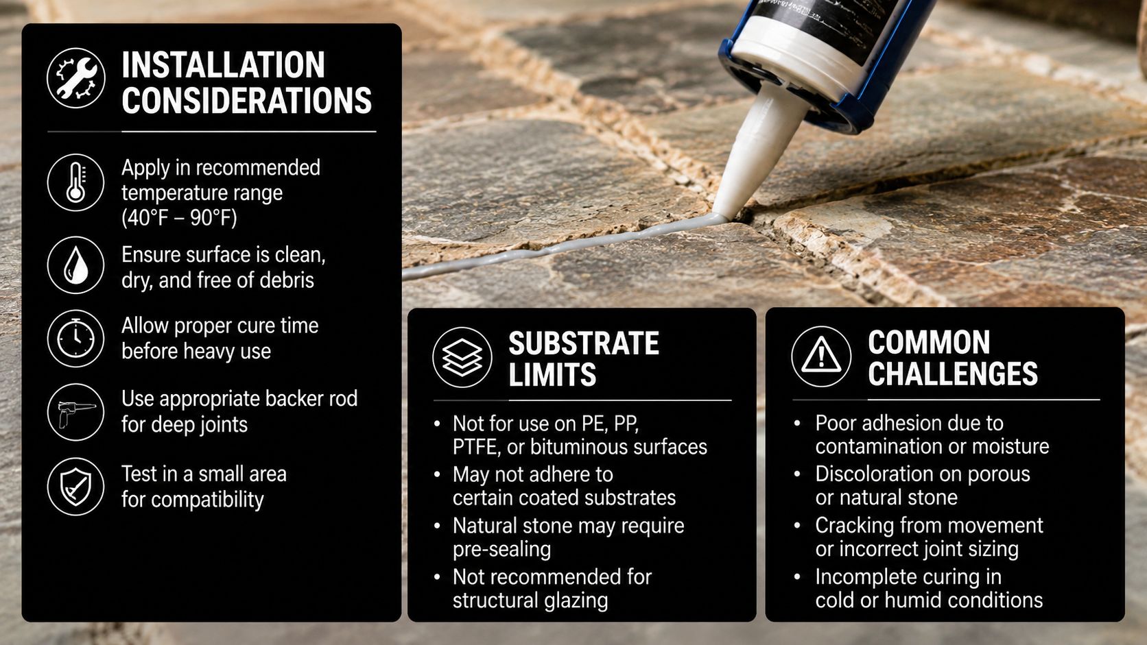 Informational guide on installation, substrate limits, and common challenges for applying sealant to stone surfaces.