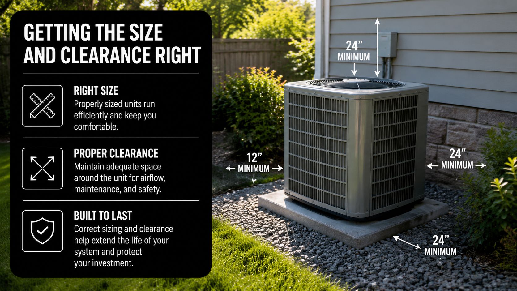 An outdoor air conditioning unit with labeled clearance measurements for optimal airflow, maintenance, and system longevity.