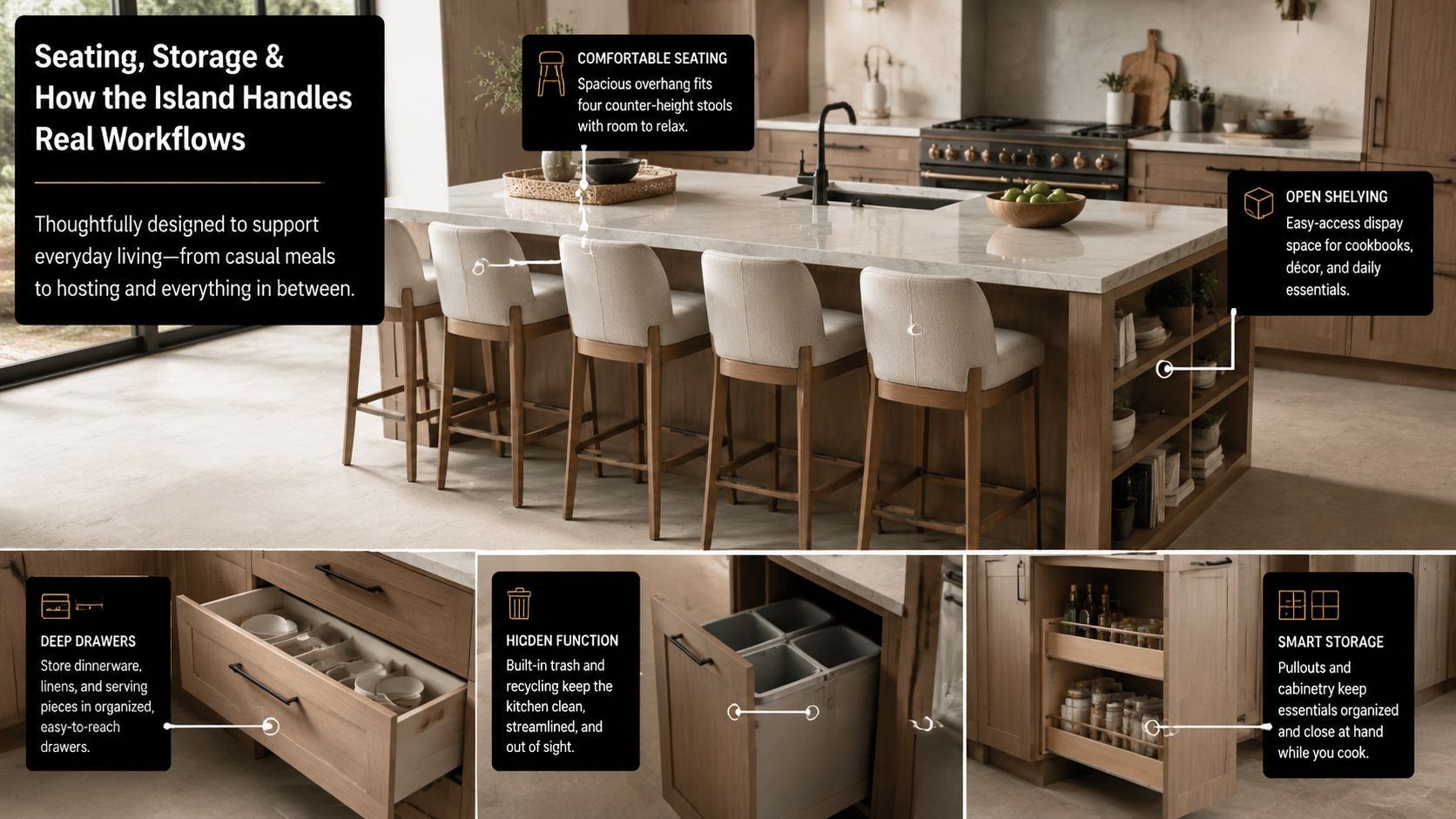 A kitchen island design showing organized storage, counter seating, and functional pull-out drawers in a luxury home.