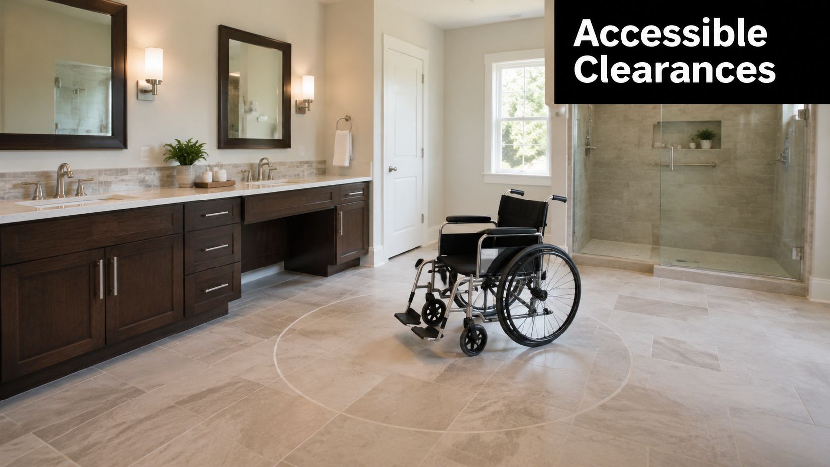 A wheelchair positioned in the center of a spacious, accessible bathroom with a double vanity design.